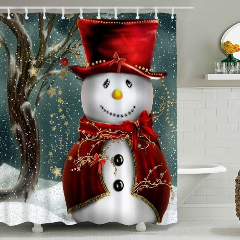 Snowman Shower Curtain Design,Print Fabric Christmas Shower Curtain Set#