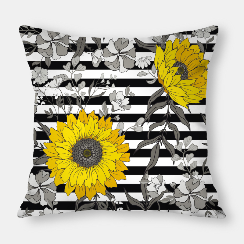 Fashion Yellow Sunflower Geometry Polyester Linen Decorative Square Cushion Cover, Sofa Chair Bed Office Gift Pillowcase/