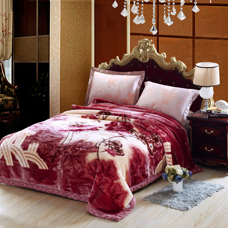 bed blankets for winter, Thick double-layer winter raschel blanket single double wedding red velvet blanket