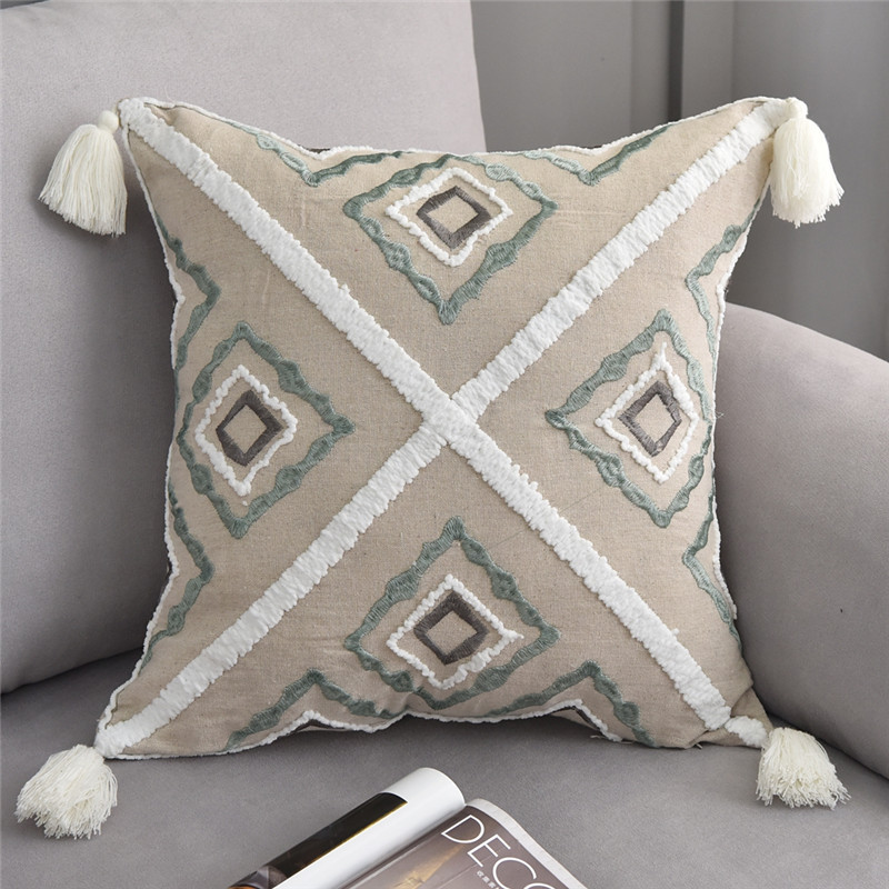 American Tassel Flower Embroidery Cushion Cover, Nordic Geometric Diamond Cushion Cover /