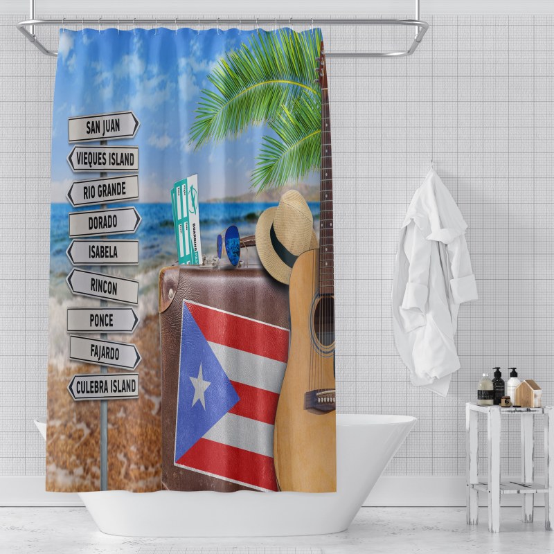 Home Decor Waterproof Polyester Bathroom Shower Curtains, Hot Sale Puerto Rico Thick Large Shower Curtain with Hooks