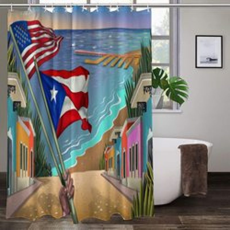 Home Decor Waterproof Polyester Bathroom Shower Curtains, Hot Sale Puerto Rico Thick Large Shower Curtain with Hooks