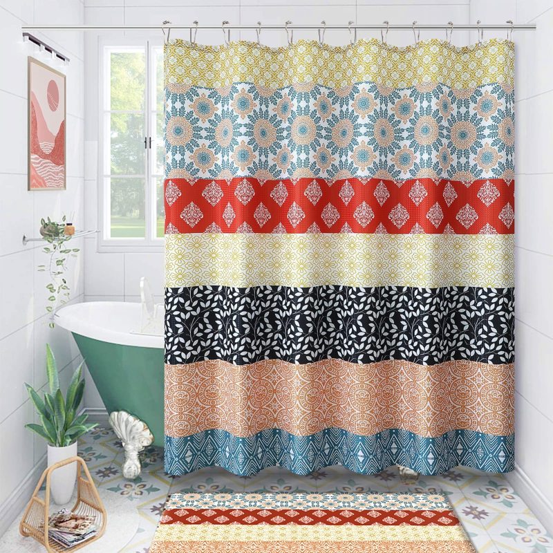 Custom Printed Waffle Weave Shower Curtains,  Factory Wholesale Shower Curtains with Tassel$