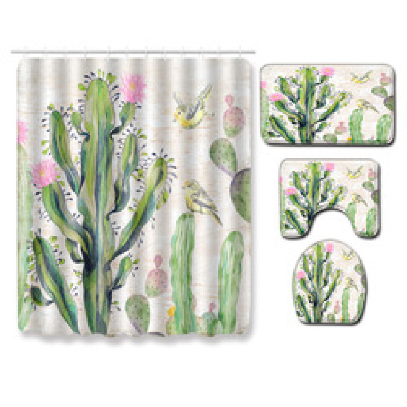 Cactus Pattern Printed Bathroom Accessories Set With Shower Curtain, Waterproof Mouldproof Shower Curtain/