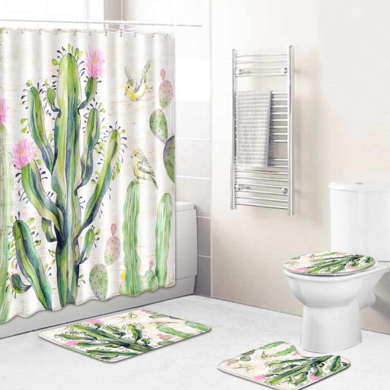 Cactus Pattern Printed Bathroom Accessories Set With Shower Curtain, Waterproof Mouldproof Shower Curtain/
