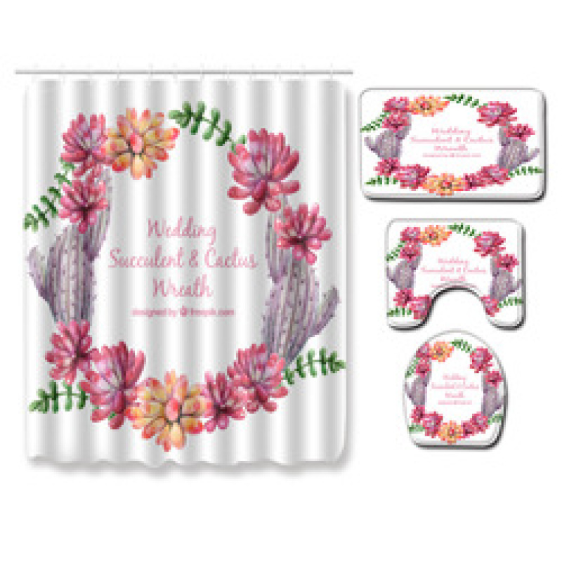 Cactus Pattern Printed Bathroom Accessories Set With Shower Curtain, Waterproof Mouldproof Shower Curtain/