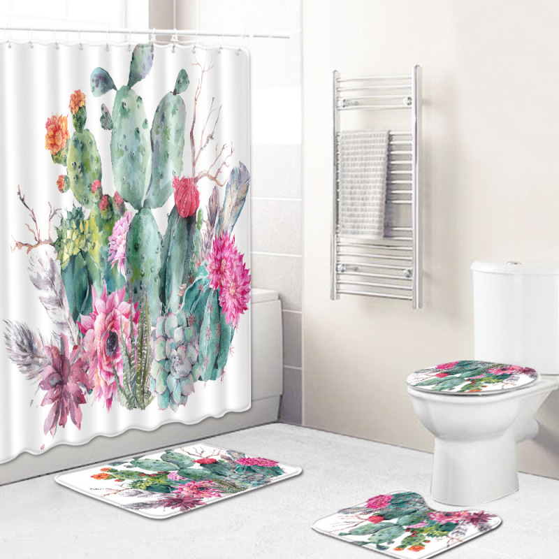 Cactus Pattern Printed Bathroom Accessories Set With Shower Curtain, Waterproof Mouldproof Shower Curtain/