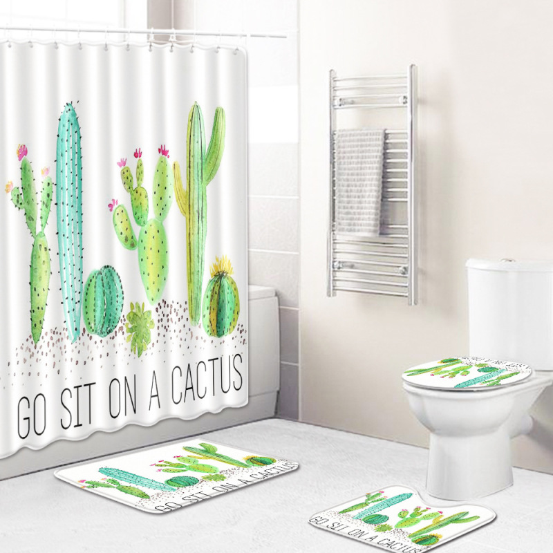 Cactus Pattern Printed Bathroom Accessories Set With Shower Curtain, Waterproof Mouldproof Shower Curtain/