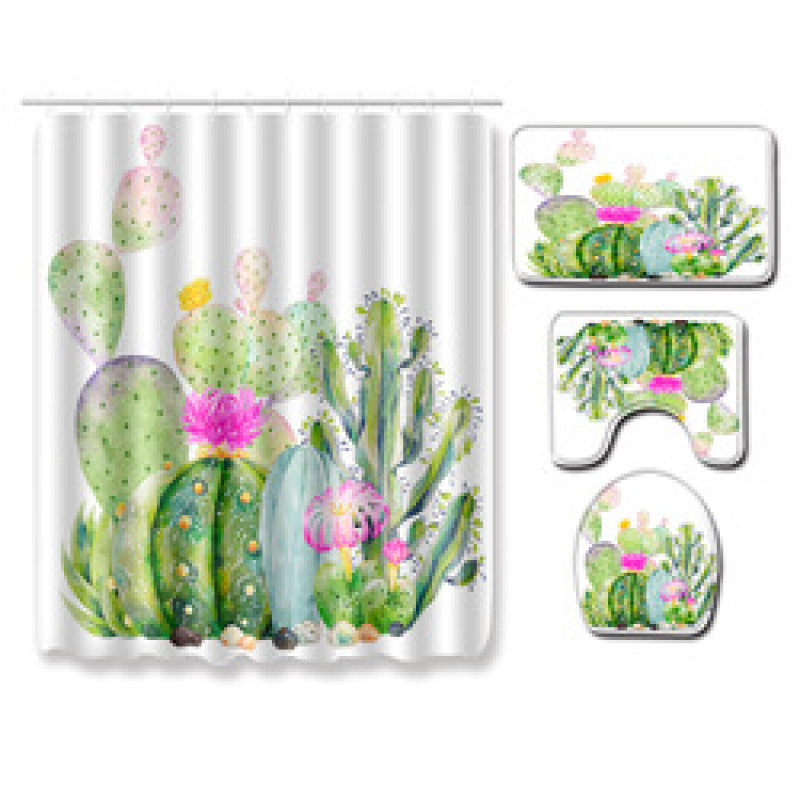 Cactus Pattern Printed Bathroom Accessories Set With Shower Curtain, Waterproof Mouldproof Shower Curtain/