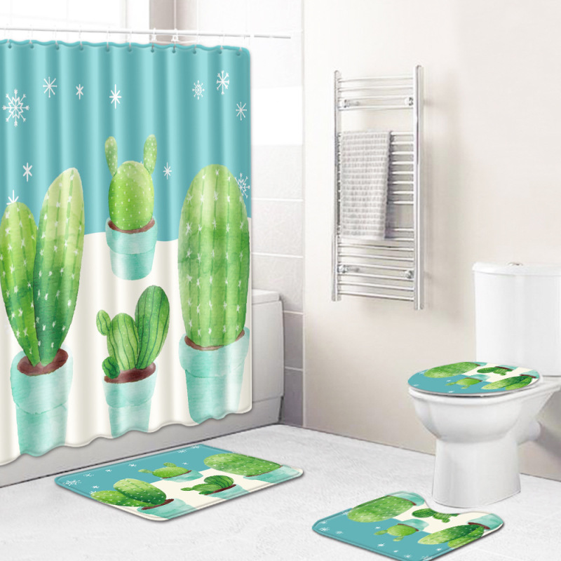 Cactus Pattern Printed Bathroom Accessories Set With Shower Curtain, Waterproof Mouldproof Shower Curtain/