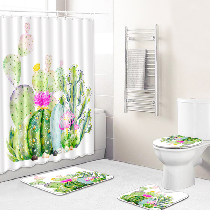 Cactus Pattern Printed Bathroom Accessories Set With Shower Curtain, Waterproof Mouldproof Shower Curtain/