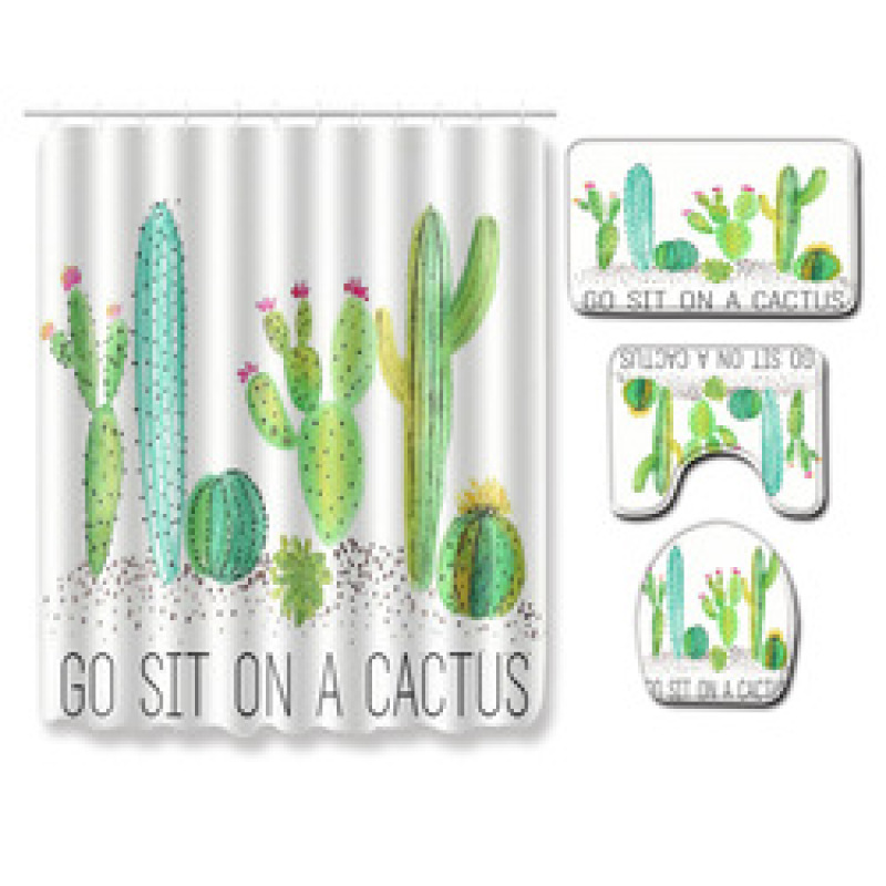 Cactus Pattern Printed Bathroom Accessories Set With Shower Curtain, Waterproof Mouldproof Shower Curtain/