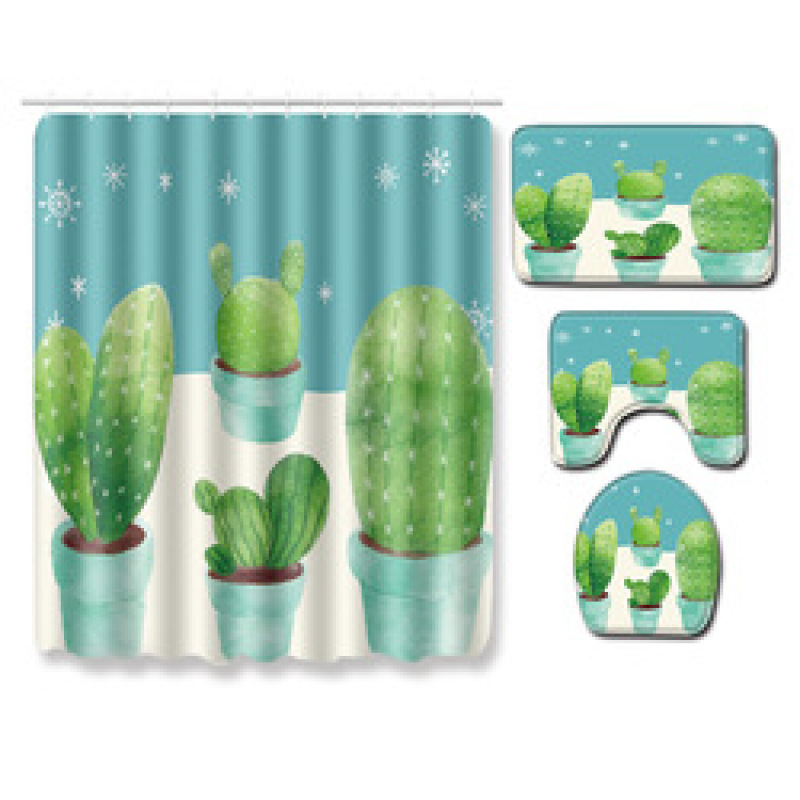 Cactus Pattern Printed Bathroom Accessories Set With Shower Curtain, Waterproof Mouldproof Shower Curtain/