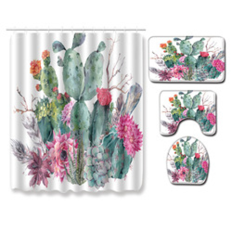 Cactus Pattern Printed Bathroom Accessories Set With Shower Curtain, Waterproof Mouldproof Shower Curtain/