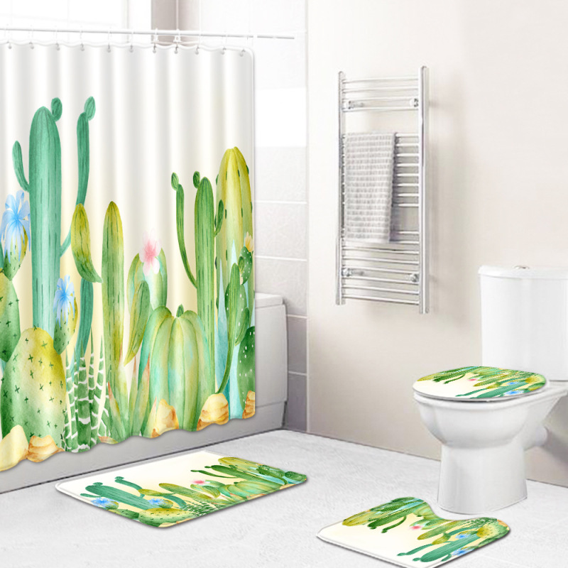 Cactus Pattern Printed Bathroom Accessories Set With Shower Curtain, Waterproof Mouldproof Shower Curtain/