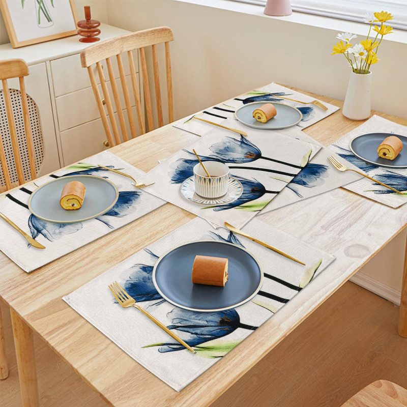 Cotton Linen Blue Flower Floral Table Runner, Rustic Tablerunner for Kitchen Coffee Summer Spring Holiday Dining Table#