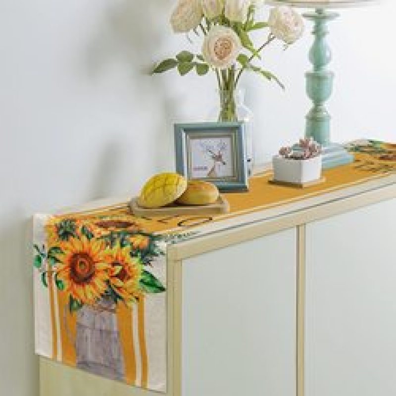 Cotton Linen Blue Flower Floral Table Runner, Rustic Tablerunner for Kitchen Coffee Summer Spring Holiday Dining Table#