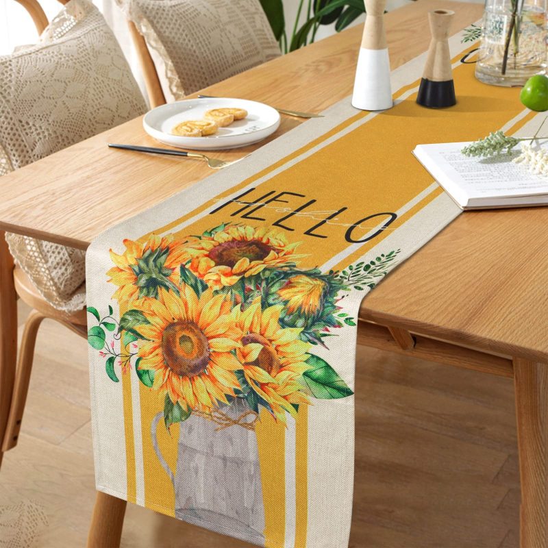 Cotton Linen Blue Flower Floral Table Runner, Rustic Tablerunner for Kitchen Coffee Summer Spring Holiday Dining Table#