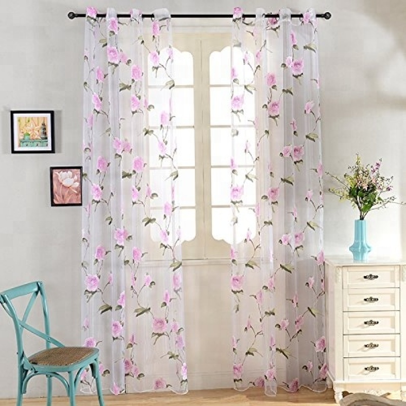 100% polyester pink flower sheer curtain for the girls kids room perspective elegant curtain