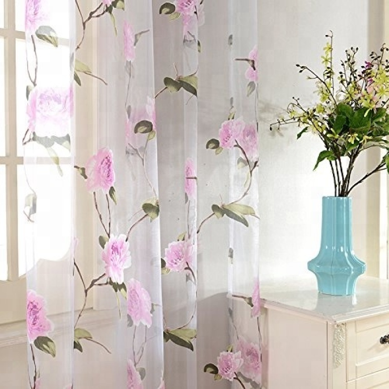 100% polyester pink flower sheer curtain for the girls kids room perspective elegant curtain