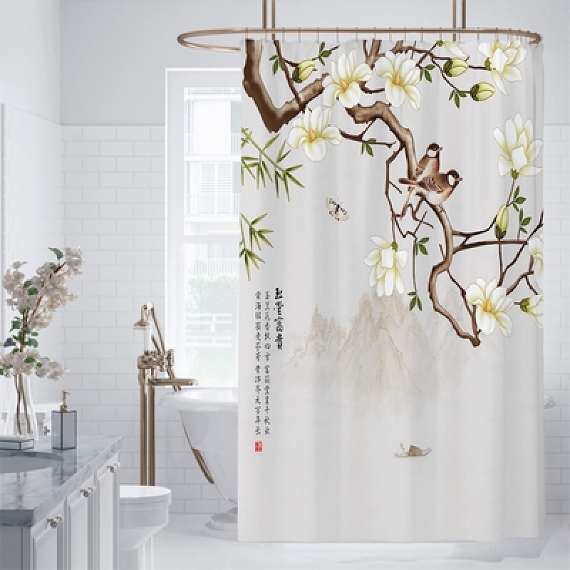 Chinese Style Magnolia Magpie Nordic High-Grade Thick Waterproof Mildew Shower Curtain
