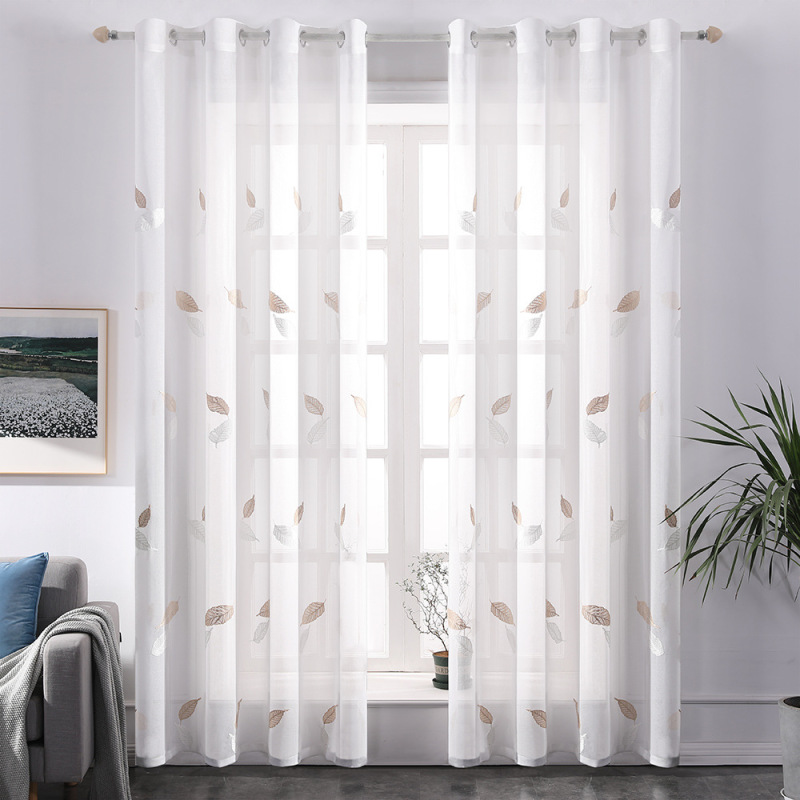 High Quality Made in China Red White Embroidered Leaves Living Room Sheer Curtain, Decoracion Bedroom Polyester Sheer Curtain/