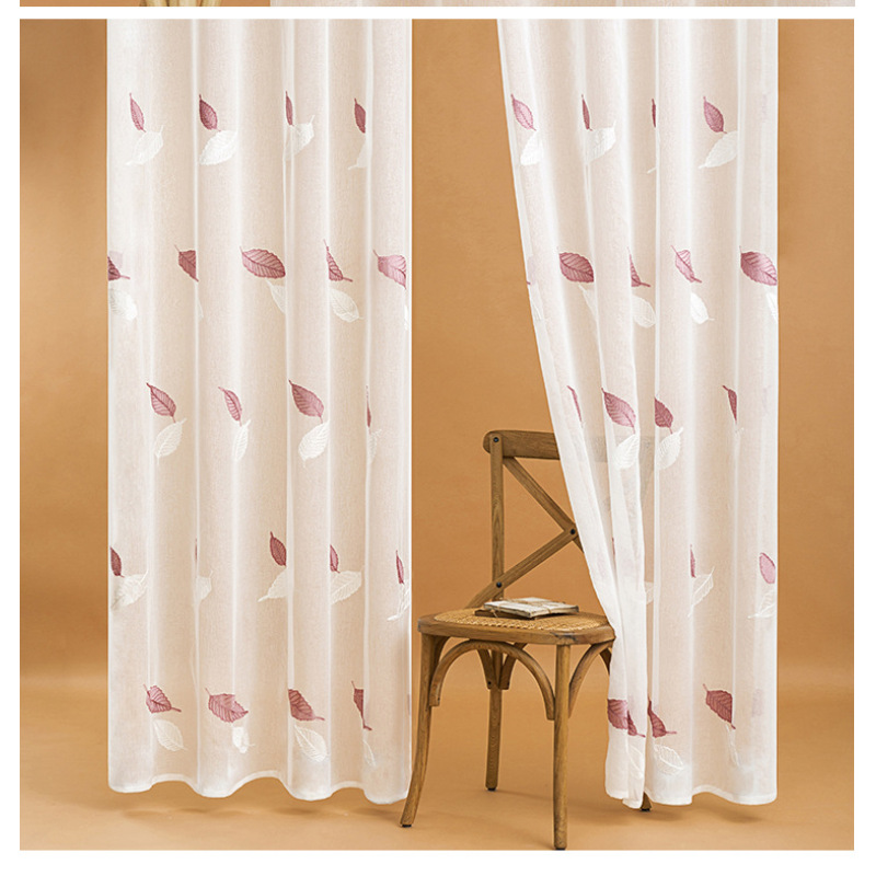 High Quality Made in China Red White Embroidered Leaves Living Room Sheer Curtain, Decoracion Bedroom Polyester Sheer Curtain/
