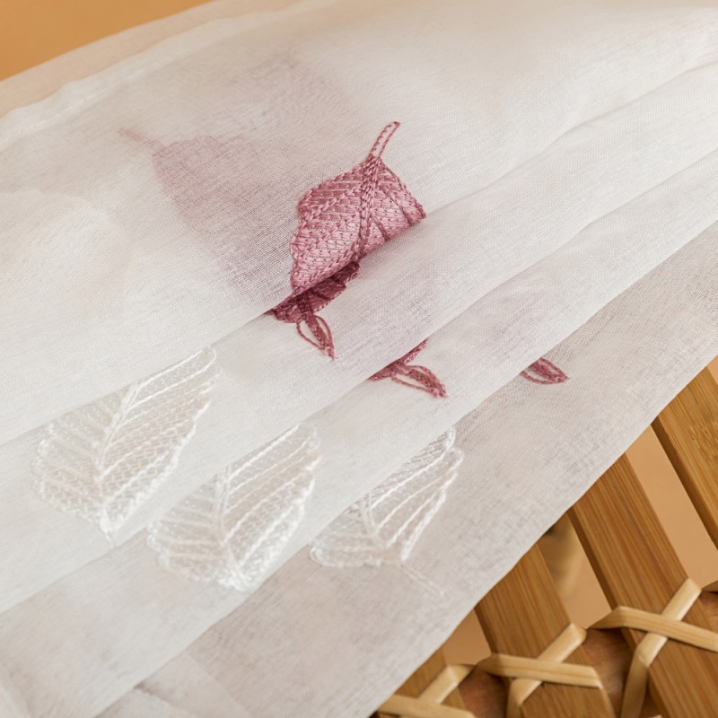 High Quality Made in China Red White Embroidered Leaves Living Room Sheer Curtain, Decoracion Bedroom Polyester Sheer Curtain/