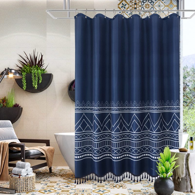 Manufacturer Cheap Waffle Shower Curtains with Tassel, OEM Factory Printing Shower Curtains $
