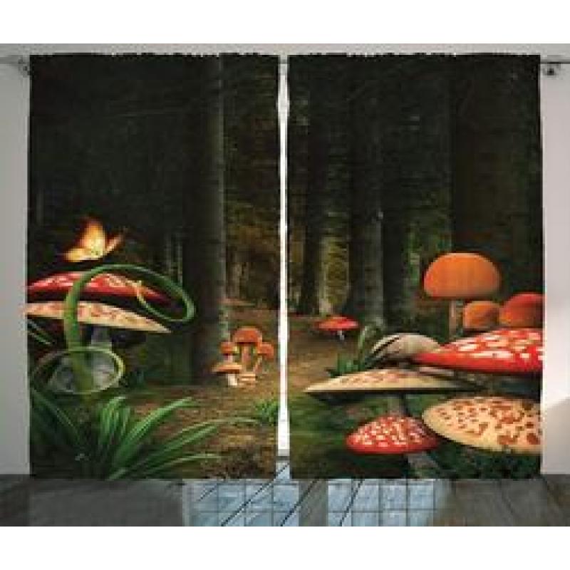 Mushroom Decor Curtains,Deep Dark Forest Fantasy Nature Theme Earth Path Mystical Image Living Room Bedroom Decor 2 Panel/