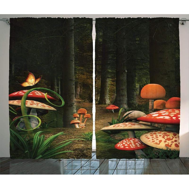 Mushroom Decor Curtains,Deep Dark Forest Fantasy Nature Theme Earth Path Mystical Image Living Room Bedroom Decor 2 Panel/