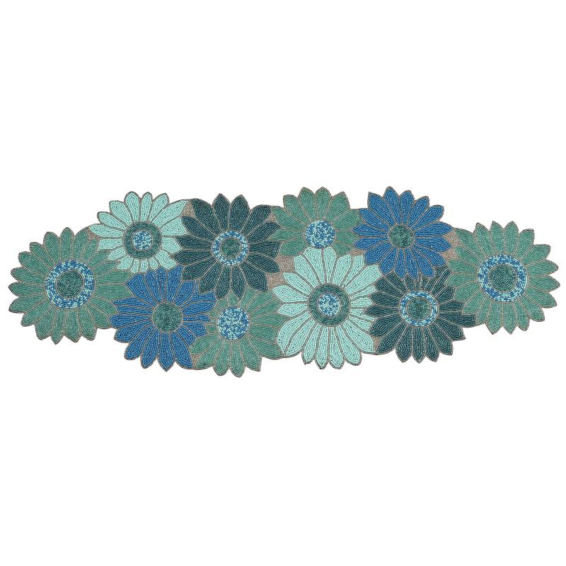 High Quality Handmade Farmhouse Floral Embroidery Beaded Table Runner for Tableptop in Teal/Turquoise/Aqua Colour