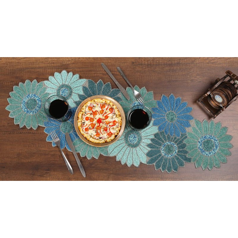 High Quality Handmade Farmhouse Floral Embroidery Beaded Table Runner for Tableptop in Teal/Turquoise/Aqua Colour