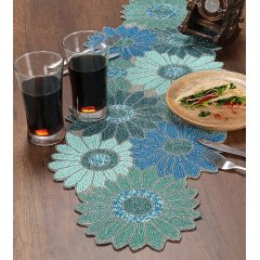 High Quality Handmade Farmhouse Floral Embroidery Beaded Table Runner for Tableptop in Teal/Turquoise/Aqua Colour