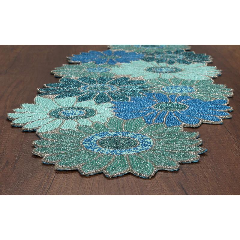 High Quality Handmade Farmhouse Floral Embroidery Beaded Table Runner for Tableptop in Teal/Turquoise/Aqua Colour