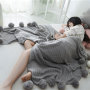 Grey Throw Blanket Knit Blanket with Pom Poms,FuzzyThrow Blanket for Couch,Soft,Cozy,Warm Knitted Cover /