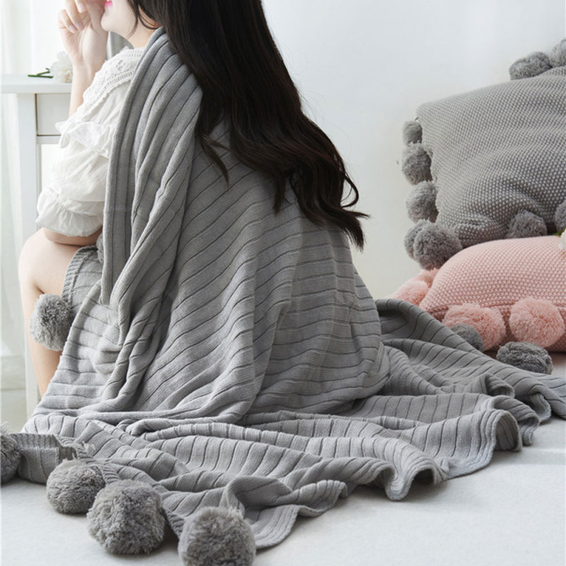 Grey Throw Blanket Knit Blanket with Pom Poms,FuzzyThrow Blanket for Couch,Soft,Cozy,Warm Knitted Cover /