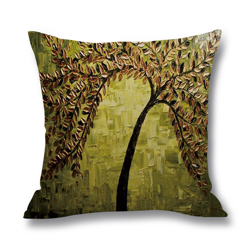 Ins Nordic Wind Oil Painting Tree Printed Flax Square Pillow Cover Sofa Bed, Hand Woven Pillow Cover Cushion/