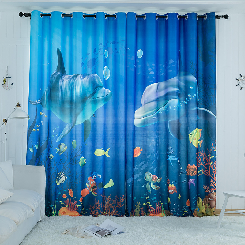 Blue Dolphin Cartoon Printed Curtain, Customized Children's Room Blackout Curtain /