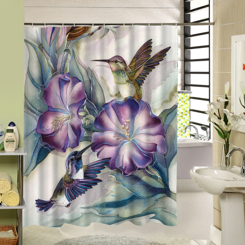Printed Polyester Waterproof Small Fresh Shower Curtain, Purple Flower Hummingbird Shower Curtain/