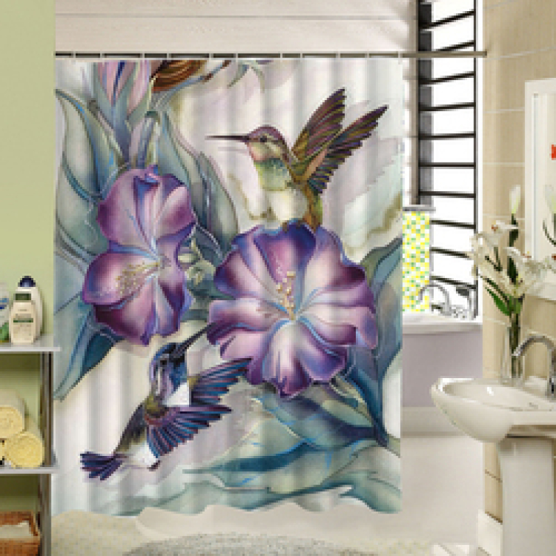 Printed Polyester Waterproof Small Fresh Shower Curtain, Purple Flower Hummingbird Shower Curtain/