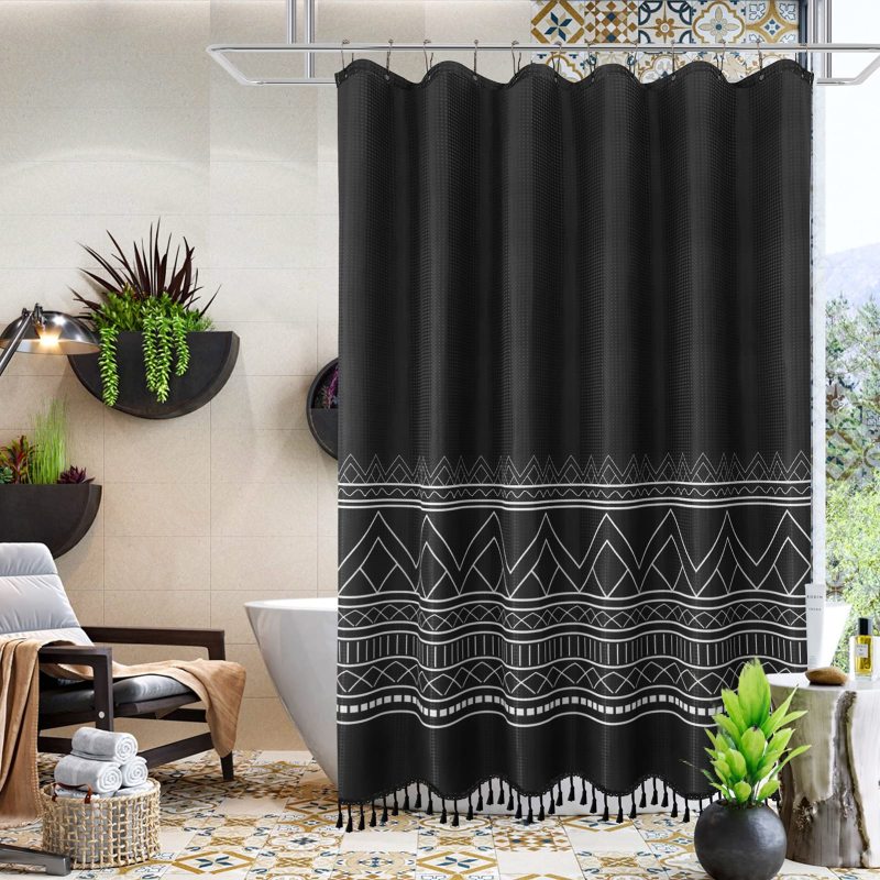 OEM Factory Wholesale Waffle Weave Shower Curtains,  Printing Shower Curtains with Tassel$