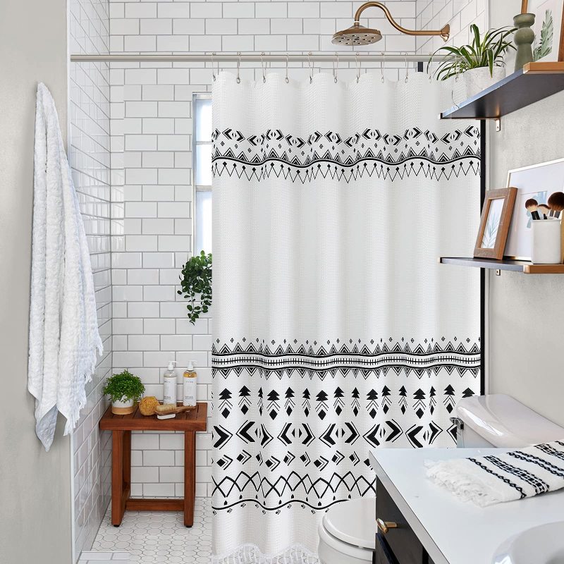 OEM Factory Wholesale Waffle Weave Shower Curtains,  Printing Shower Curtains with Tassel$