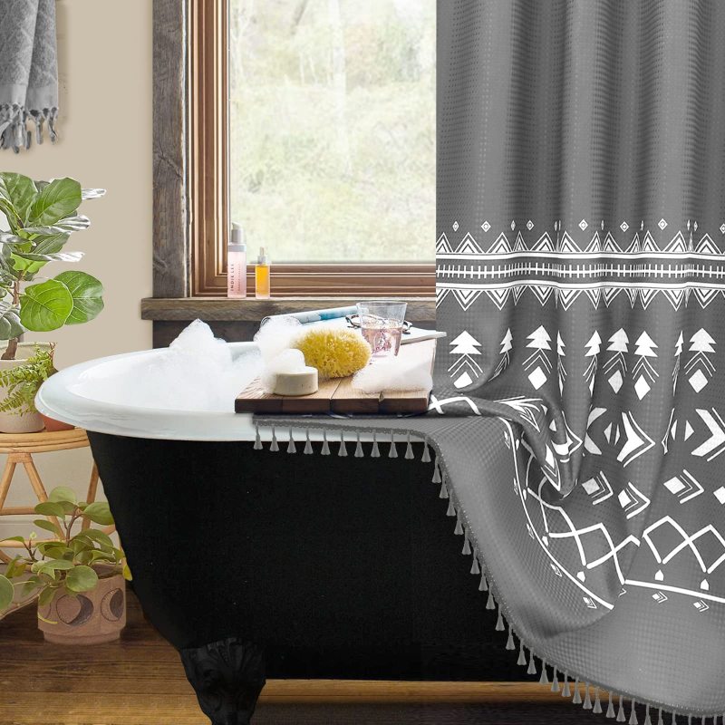 OEM Factory Wholesale Waffle Weave Shower Curtains,  Printing Shower Curtains with Tassel$