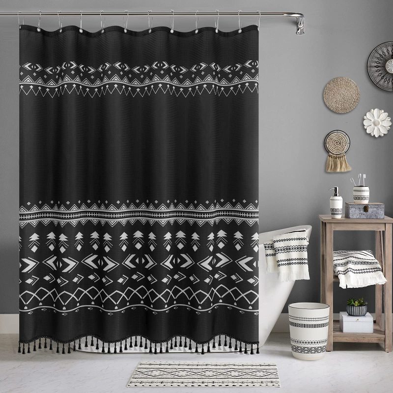 OEM Factory Wholesale Waffle Weave Shower Curtains,  Printing Shower Curtains with Tassel$