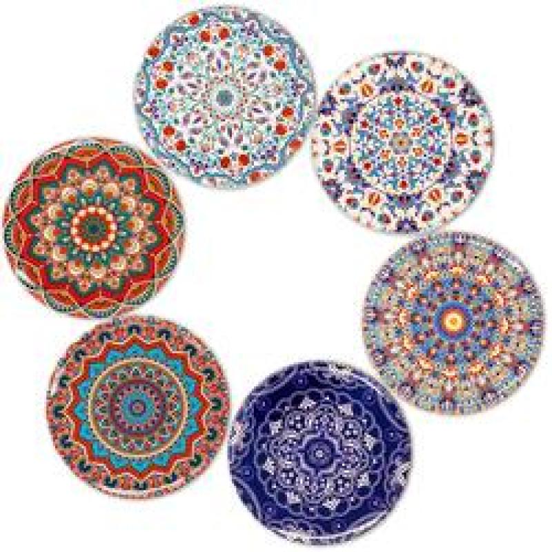 Natural Cork Mandala Set of 6 Decorative Coasters,  Boho Coasters for Glass Cups Vases Candles Dining Table#