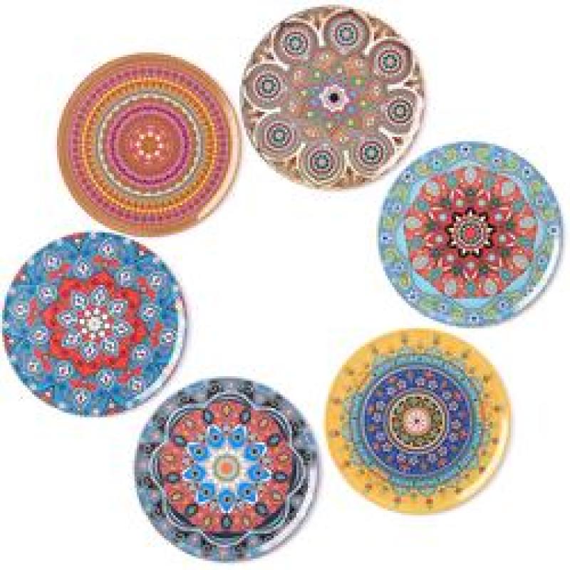 Natural Cork Mandala Set of 6 Decorative Coasters,  Boho Coasters for Glass Cups Vases Candles Dining Table#
