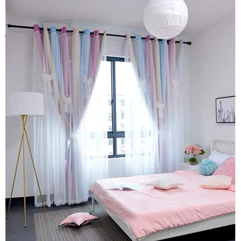 Star Curtains Stars Blackout Curtains for Kids Girls Bedroom Living Room Colorful Double Layer Star Window Curtains