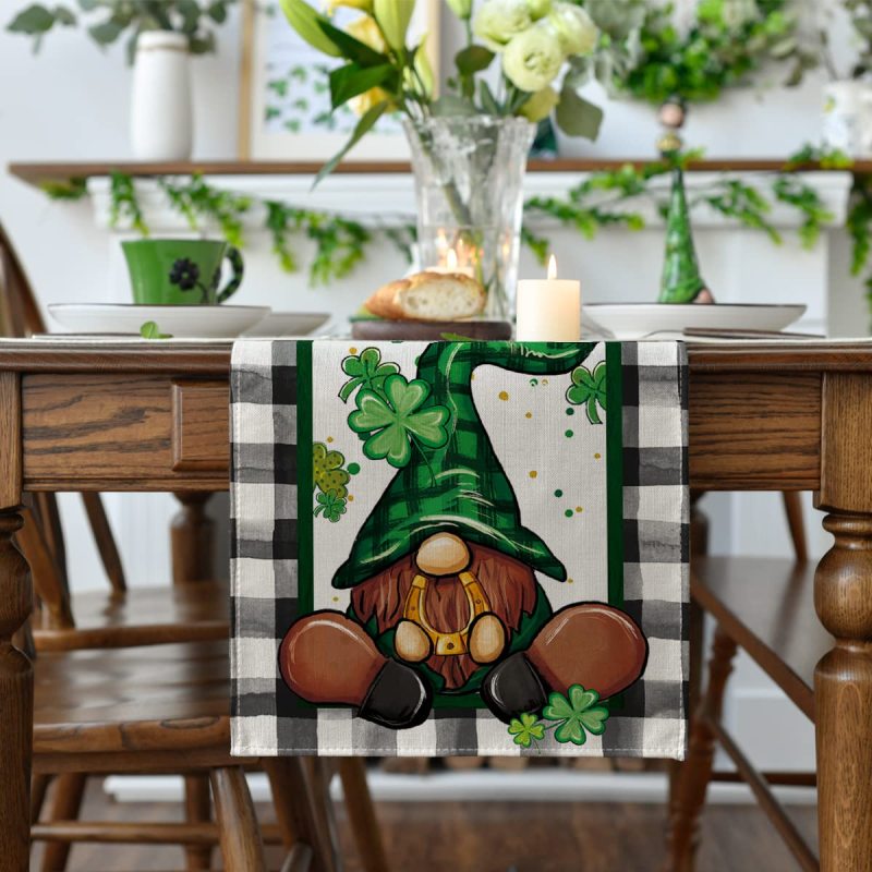 Buffalo Plaid Shamrock Gnome St. Patrick's Day Table Runner, Seasonal Spring Holiday Kitchen Dining Table Decoration for Indoor#