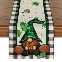 Buffalo Plaid Shamrock Gnome St. Patrick's Day Table Runner, Seasonal Spring Holiday Kitchen Dining Table Decoration for Indoor#